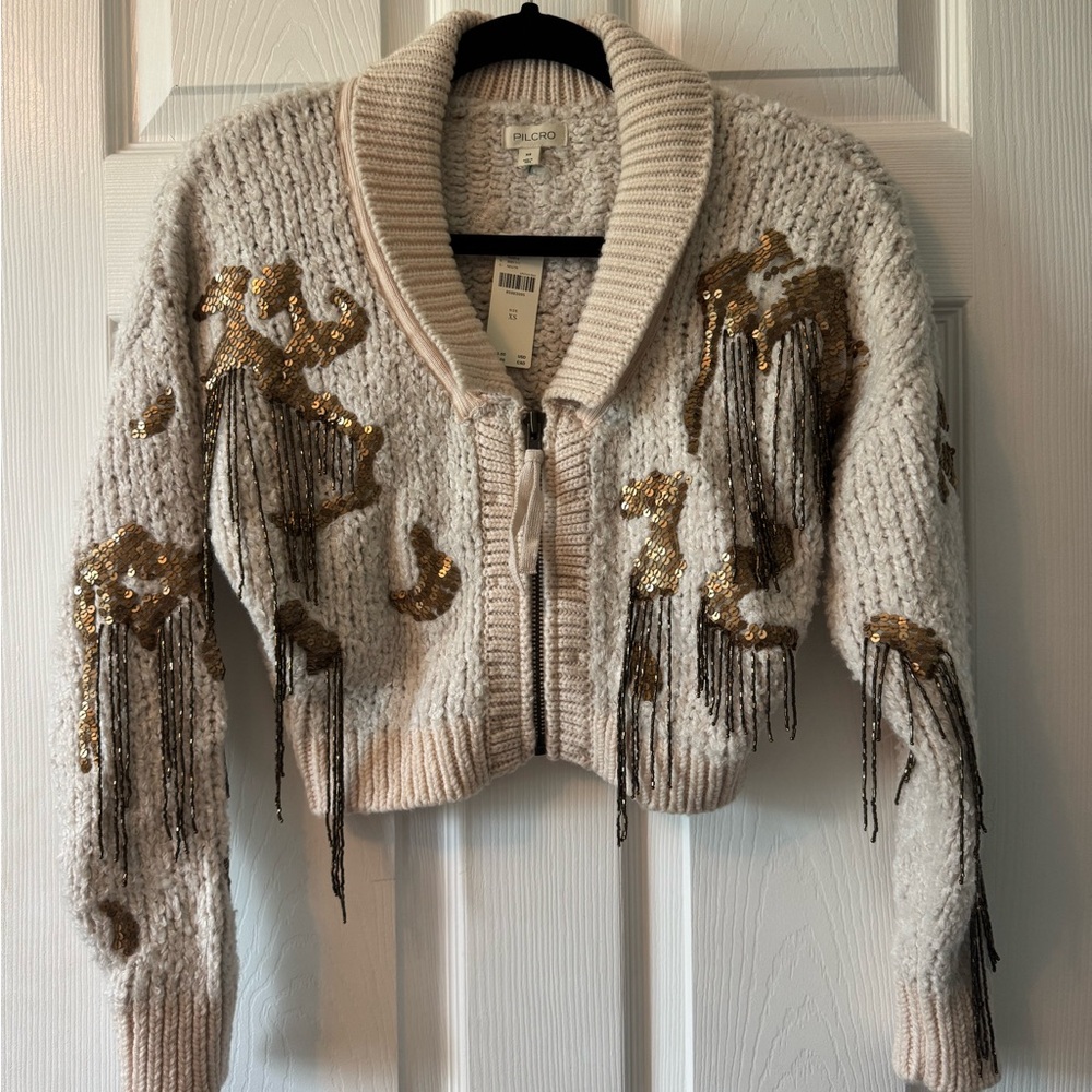 Pilcro Anthropologie Sequin Embellished Beige Cardigan